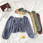 Plain Lace-up Off-shoulder Ruffled-trim Long-sleeve Blouse