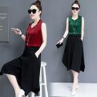 Set: Sleeveless Top + Asymmetric Hem Wide-leg Pants