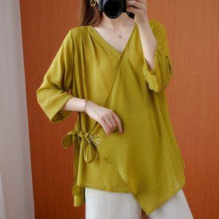 Puff-sleeve Tie-side Blouse Mustard Yellow - One Size
