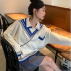Long-sleeve Mock Two-piece Striped Loose-fit Sweater Almond - One Size