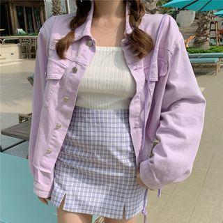 Plain Denim Jacket Purple - One Size