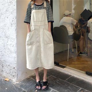 Striped Short-sleeve T-shirt / Denim Midi Pinafore Dress
