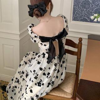 Puff-sleeve Square-neck Bow Accent Floral Dress