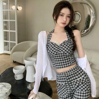 Plaid Camisole Top / Shorts / Light Jacket / Set