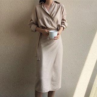 Long-sleeve Wrapped Midi Dress