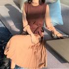 Long-sleeve Midi A-line Dress / Tie-waist Sweater Vest