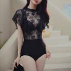 Set: Bikini Top + Lace Swimsuit + Coverup