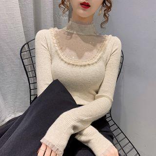 Mesh Panel Rhinestone Sweater