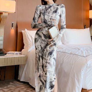 Long-sleeve Feather Print Midi Sheath Dress
