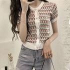 Short-sleeve Flower Print Knit Top Red & Pink Floral - White - One Size