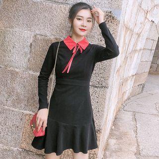 Color Block Lapel Long-sleeve Mermaid Dress