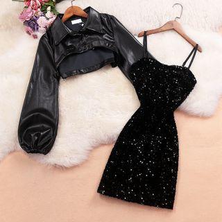 Set: Sequined Slipdress + Faux Leather Crop Jacket