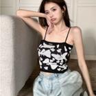 Floral Print Ribbed Knit Camisole Top Black - One Size
