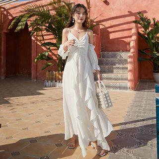 Cold-shoulder Drawstring Ruffled Midi Sundress