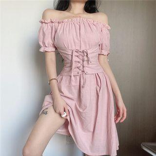 Off-shoulder Lace-up Ruffled-trim Mini Dress