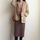 Single-breasted Blazer / Long-sleeve V-neck Knit Top / Midi A-line Skirt