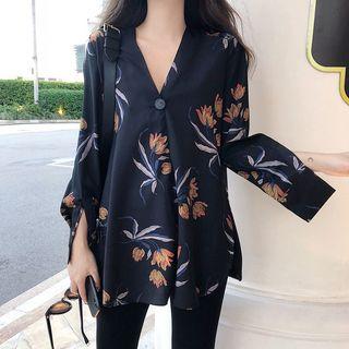 V-neck Flower Print Blouse As Shown In Figure - One Size