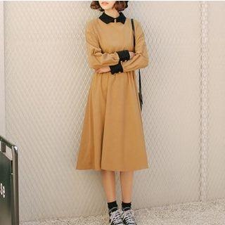 Long-sleeve Contrast-trim A-line Midi Dress