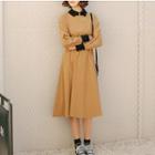 Long-sleeve Contrast-trim A-line Midi Dress