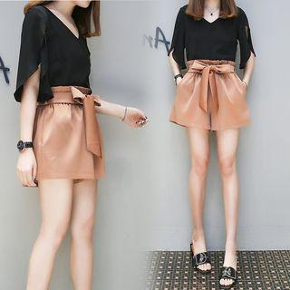 Set: Elbow-sleeve Top + Wide Leg Shorts