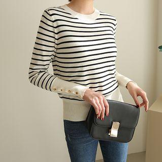 Button-cuff Striped Wool Blend Knit Top