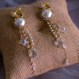Wedding Faux Pearl Fringed Earring 1 Pair - Clip On Earring - Gold - One Size
