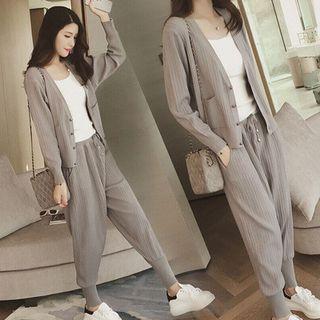 Set: Plain V-neck Cardigan + Camisole + Cropped Harem Pants