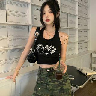 Halter Printed Crop Tank Top / Short-sleeve Printed Crop T-shirt