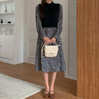 Set: Floral Print Midi Dress + Scallop-neck Knit Vest