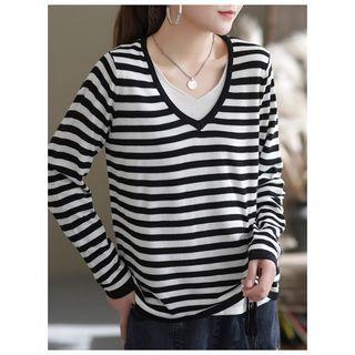 Mock Two-piece V-neck Drawstring Knit Top