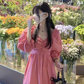 Puff-sleeve Square-neck A-line Dress Dress - One Size