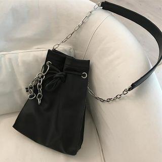 Chain Strap Faux Leather Bucket Bag Black - One Size