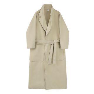 Plain Elastic-waist Medium Long Coat