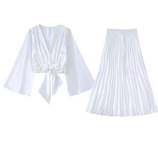 Bell-sleeve Tie-front Blouse / Midi A-line Skirt