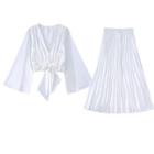 Bell-sleeve Tie-front Blouse / Midi A-line Skirt