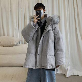 Faux Fur Trim Corduroy Padded Hooded Zip Jacket
