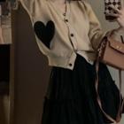 Long-sleeve Heart Printed Knit Cardigan / Plain Mini Skirt