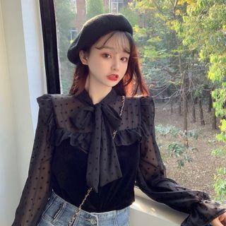 Bow Dots Ruffle Long-sleeve Top