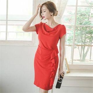 Drape-neck Tulip-sleeve Ruffled Sheath Dress