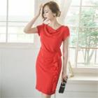 Drape-neck Tulip-sleeve Ruffled Sheath Dress