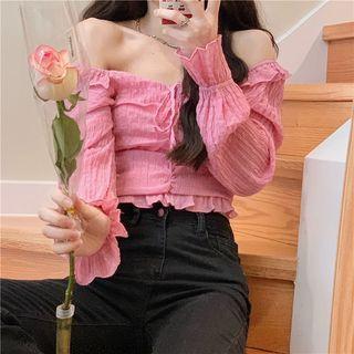 Plain Off Shoulder Cropped Blouse / High-waist Washed Straight-cut Split Jeans