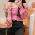 Plain Off Shoulder Cropped Blouse / High-waist Washed Straight-cut Split Jeans