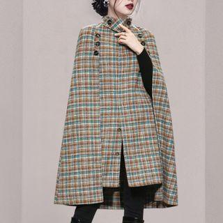 Plaid Mock-neck Cape Coat