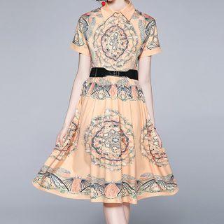 Short-sleeve Graphic Print Midi A-line Shirtdress