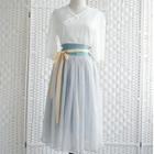 Chinese Elbow-sleeve V-neck Top / Pleated Skirt