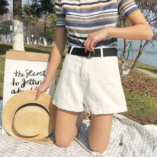 Roll-up High-waist Denim Shorts With Belt