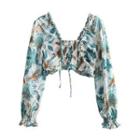 Set: V-neck Print Cropped Blouse + Mini A-line Skirt