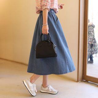 Pocket-side Flared Midi Denim Skirt Dark Blue - One Size