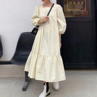 Puff-sleeve Square Neck Loose-fit Midi Dress