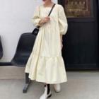 Puff-sleeve Square Neck Loose-fit Midi Dress